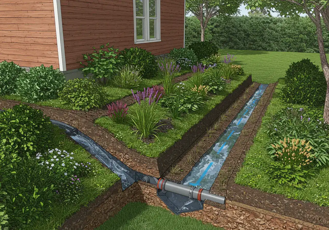 A 3D landscape design visualization specifically illustrating a solution for a common Ottawa challenge, like drainage on clay soil. This could show subtle grading, a French drain installation visualized beneath the surface, or a strategically placed rain garden integrated into the landscape design, highlighting how the software helps plan for water management.