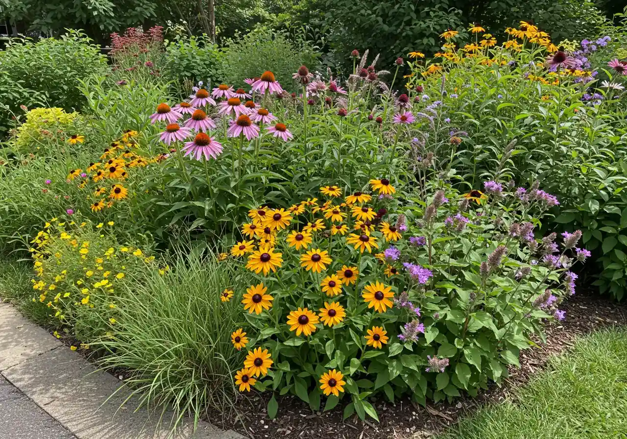 An image depicting a well-designed garden bed featuring a mix of popular, attractive native Ontario plants suitable for a typical sunny garden setting. This provides visual inspiration and examples for readers planning their own native garden.