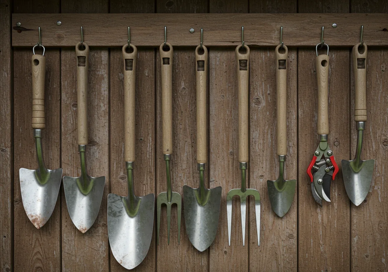 An organized display of cleaned and maintained garden tools stored for winter. Show hand tools (like a spade, fork, trowel, pruners) hanging neatly on hooks against a clean shed wall or workbench. Metal parts should have a slight sheen indicating they've been oiled.