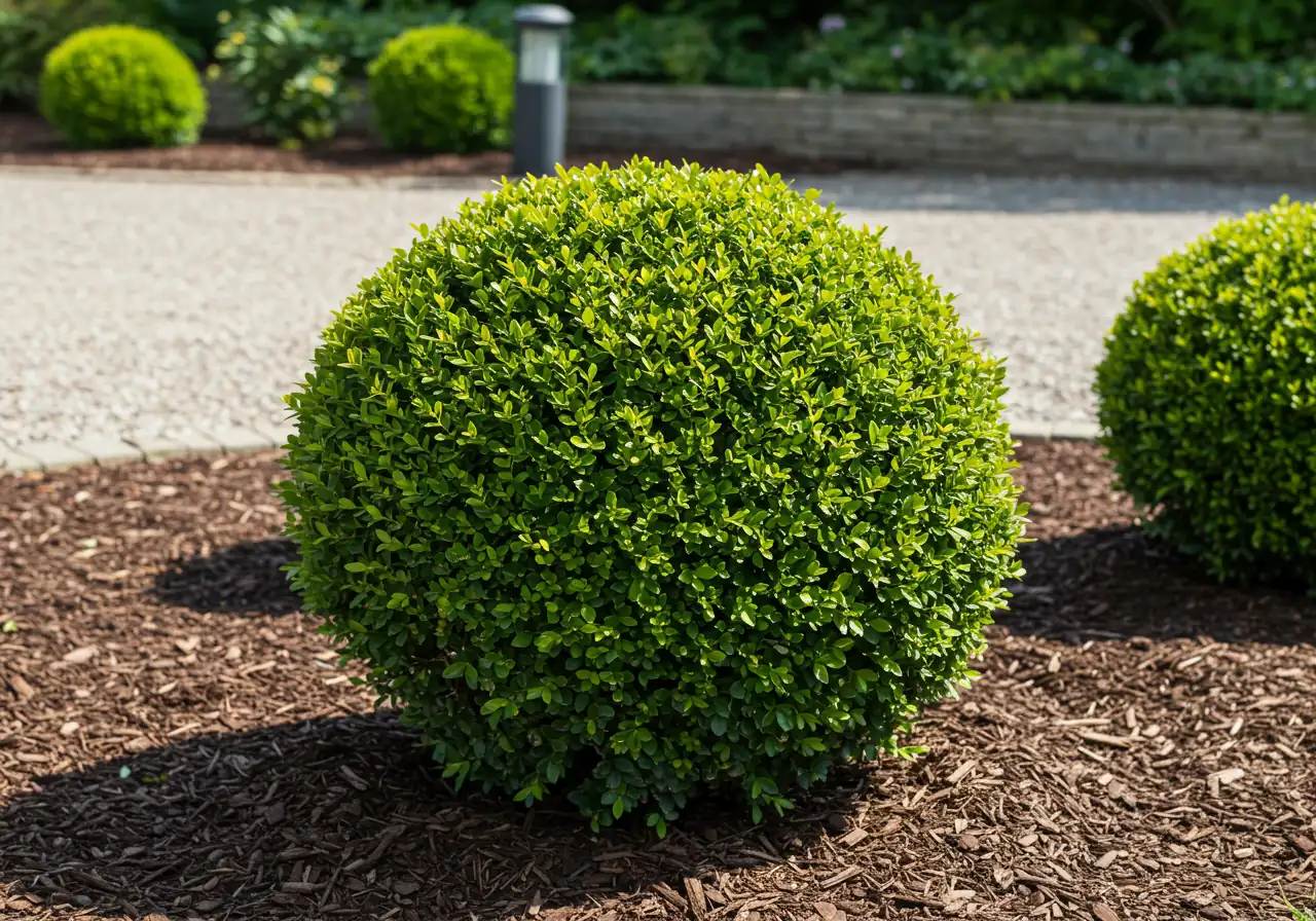 A clear image of a perfectly shaped, simple topiary form, such as a vibrant green boxwood sphere, recently trimmed and looking neat within a garden bed. This illustrates the achievable result of the basic shaping process described.
