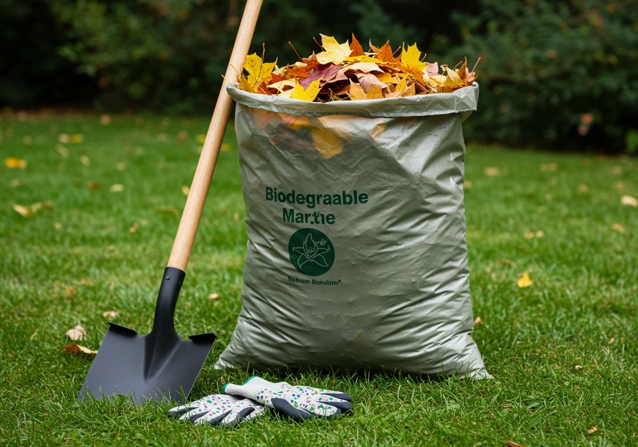 An image subtly illustrating the concept of proper lifting preparation without showing a person. It could depict a sturdy, manageable-sized yard waste bag filled with leaves, placed correctly on level ground, perhaps next to a pair of gardening gloves and an ergonomic shovel ready for use. This visually reinforces the 'get close' and 'size it up' advice before the lift.
