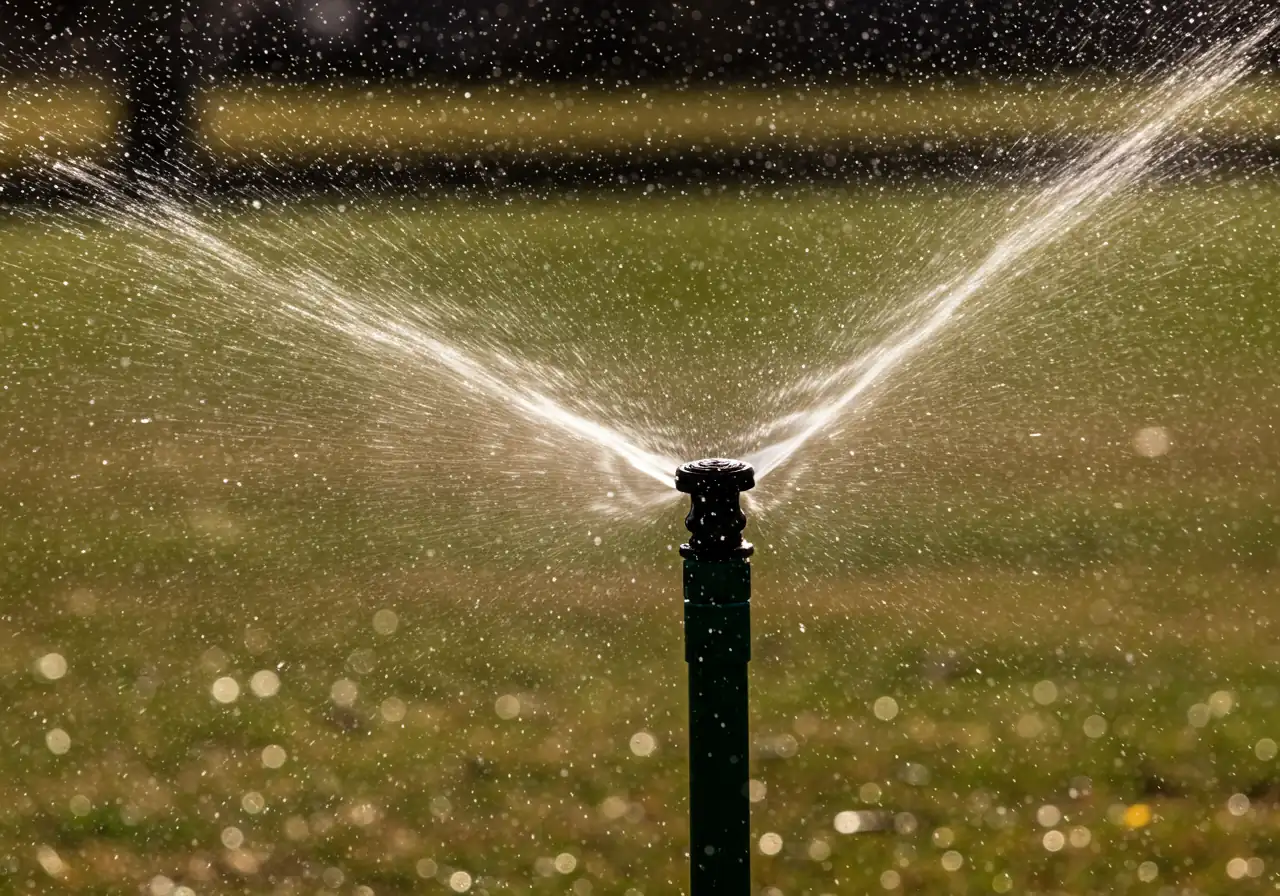 An action shot capturing a rotor-style sprinkler head forcefully ejecting a visible spray of water mist and droplets. This expulsion is clearly driven by air pressure rather than normal water flow, illustrating the 'blow-out' process. The background consists of a dormant brown lawn, slightly out of focus to emphasize the action at the sprinkler head. The image should convey the forcefulness of the air clearing the water.