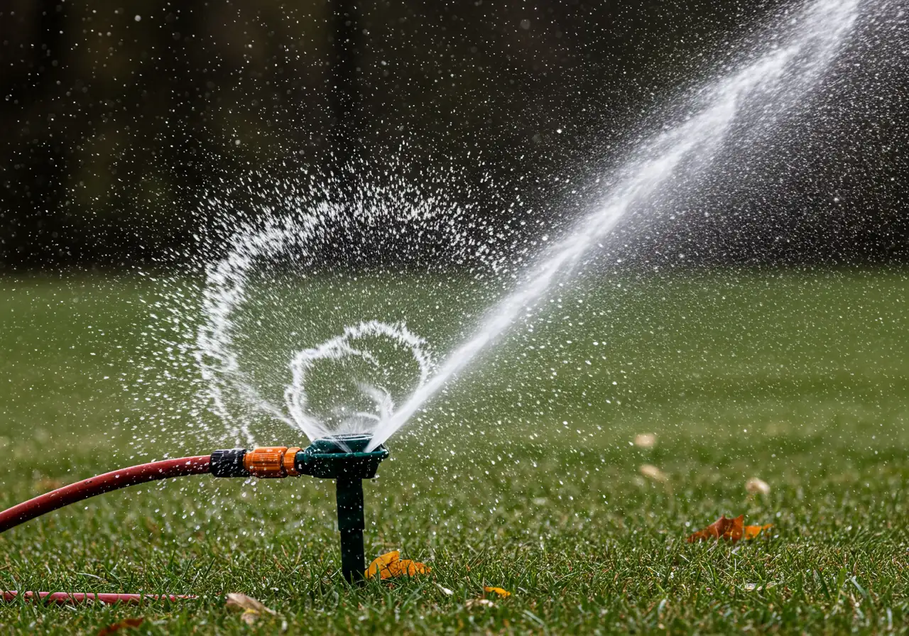 A dynamic action shot capturing the sprinkler blow-out process. Show a single rotor-style sprinkler head mid-lawn actively spraying a powerful mixture of water droplets and compressed air mist. The spray should be clearly visible against a backdrop of late autumn grass (a mix of green and brown). The focus is on the forceful expulsion of water, illustrating the effectiveness of the blow-out.