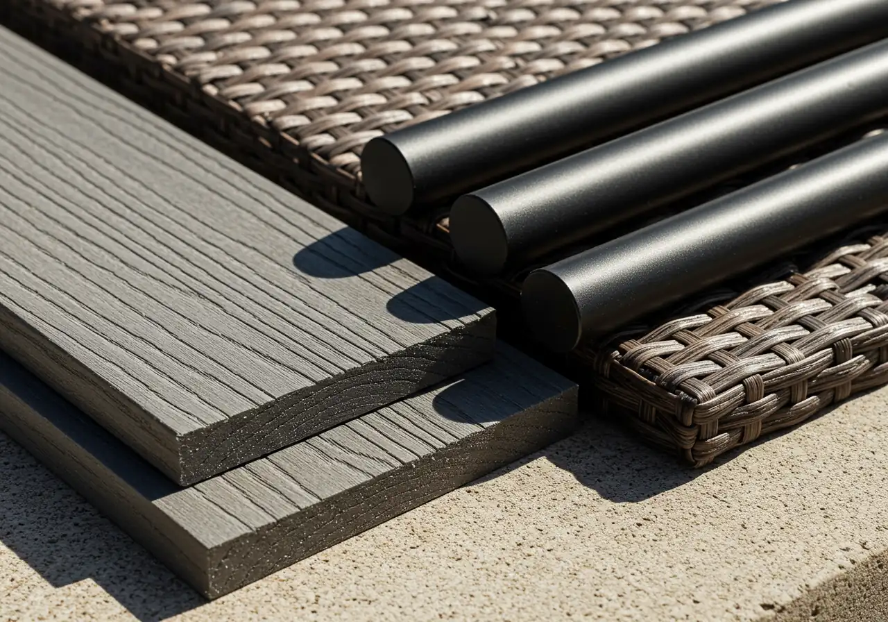 A close-up, textural comparison of different weather-resistant outdoor furniture materials suitable for the Ottawa climate. This could be a flat lay or a composed shot showing samples or close views of HDPE lumber (perhaps in a wood-grain finish), powder-coated aluminum (e.g., matte black or bronze), and high-quality all-weather synthetic wicker. The focus should be on the texture, finish, and durability implied by the materials. Natural, clear lighting.