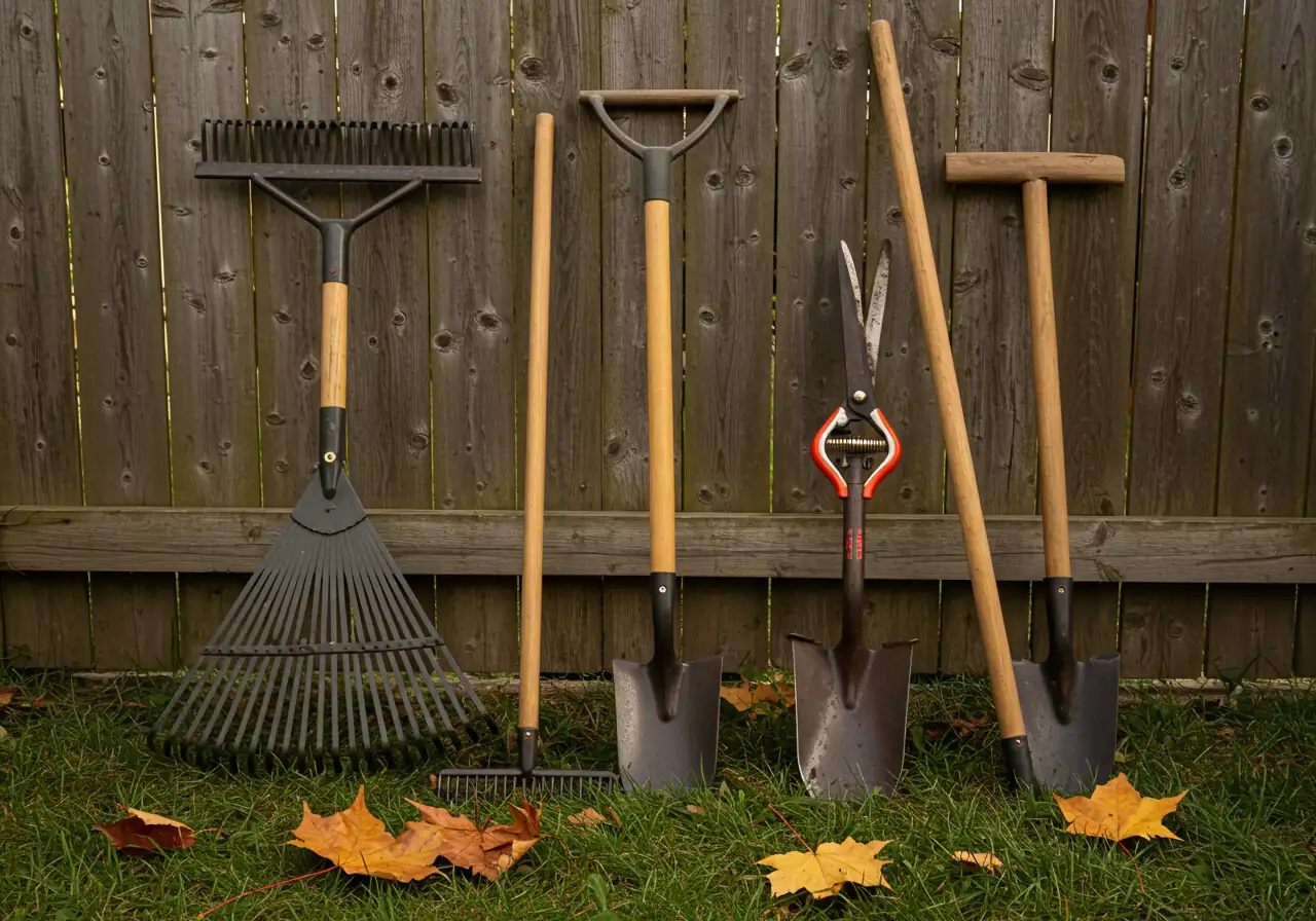 An aesthetically pleasing, organized arrangement of the essential fall cleanup tools mentioned (leaf rake, pruners, loppers, garden fork/spade, shears) leaning against a rustic wooden fence or shed wall, or neatly laid out on a patch of autumn grass with fallen leaves scattered nearby. This provides a clear visual reference for the reader.