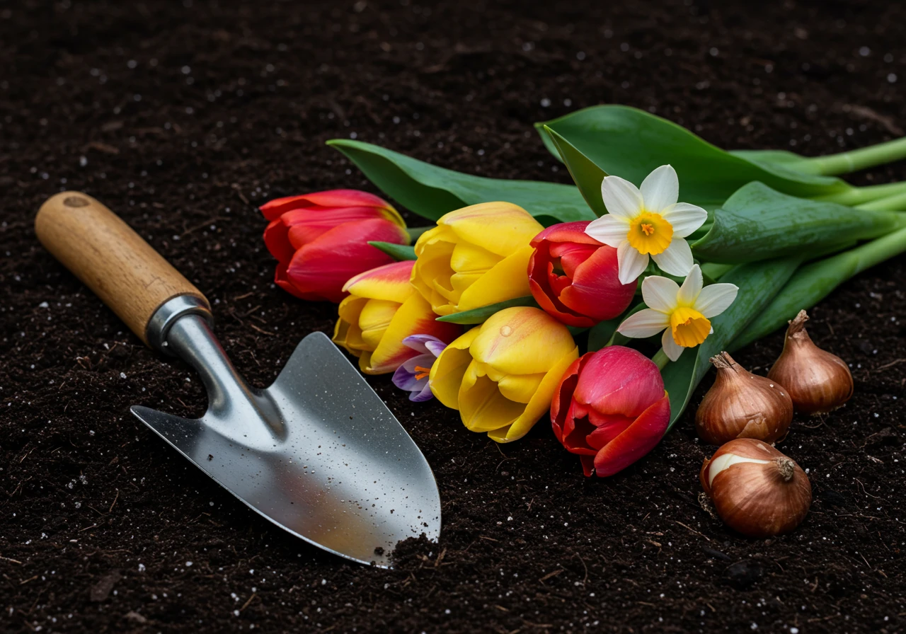 An aesthetically pleasing image showcasing a variety of spring-flowering bulbs (like tulips, daffodils, crocuses) nestled in rich, dark garden soil, ready for planting, perhaps beside a clean hand trowel (no hands).