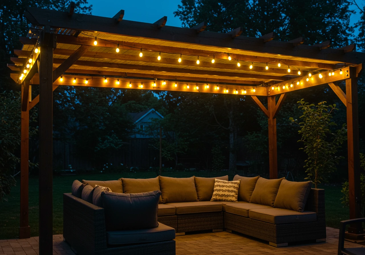 A close-up evening shot focusing on the ambiance created by fall decorations under a pergola. Warm white LED string lights are elegantly draped along the pergola beams, casting a soft glow. On an empty outdoor loveseat or chair, a plush, textured throw blanket in a warm fall colour (like burgundy or burnt orange) is casually draped. Nearby, perhaps on a small rustic table or the patio floor, sits a grouping of battery-operated LED lanterns of varying sizes, adding to the warm light. Focus on textures and light, avoiding any visible people or fire elements.