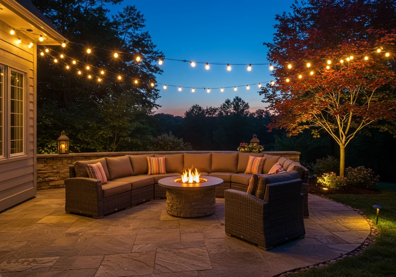 A captivating dusk or evening photograph of a well-appointed patio space, emphasizing ambiance created by lighting. Warm-toned string lights are elegantly draped overhead, casting a soft, inviting glow on empty, comfortable seating area (perhaps cushioned chairs around a low table). Low-voltage path lights subtly illuminate a walkway leading away from the patio. A spotlight might highlight the texture of a nearby small tree or decorative planter. The sky shows late twilight colours. Focus is on the cozy, magical atmosphere created by the layered lighting design.