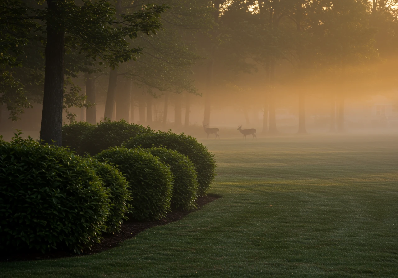 An atmospheric shot capturing the edge of a well-maintained suburban garden bordering a wooded area or green space, typical of the Greely area, during dawn or dusk. Soft, low light (golden hour). A white-tailed deer could be partially visible near the tree line in the background, suggesting its presence nearby but not actively damaging the garden, highlighting their typical active times.