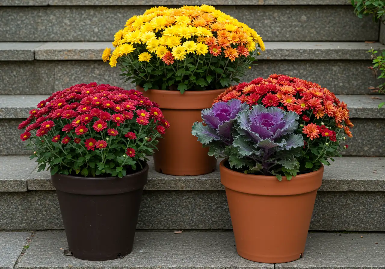 A visually appealing arrangement of several containers filled with vibrant fall plants, placed near a home's entrance or on a patio corner. The pots should feature classic fall choices like colourful chrysanthemums (yellows, oranges, reds), ornamental kale or cabbage with textured leaves, and possibly some small pansies. The containers themselves could be varied (terracotta, dark resin) but complementary. This image illustrates the 'Instant Gratification with Pots' tip.