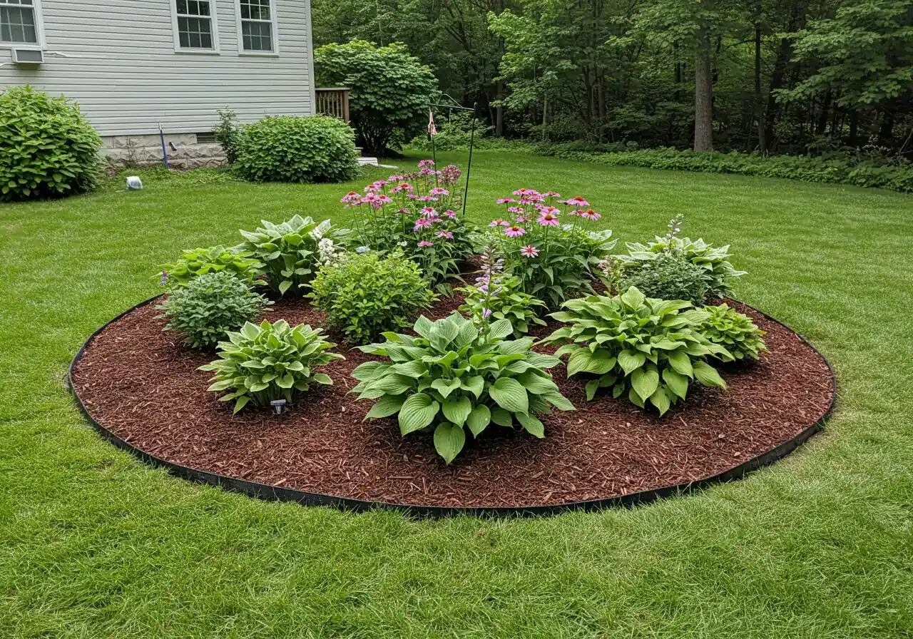 A visually appealing image of a small, thriving flower bed filled with colourful, healthy perennials (e.g., hostas, coneflowers) situated seamlessly within a well-maintained lawn. This represents one positive use for the space reclaimed after stump grinding. The flower bed should look intentional and attractive, demonstrating successful landscape integration.