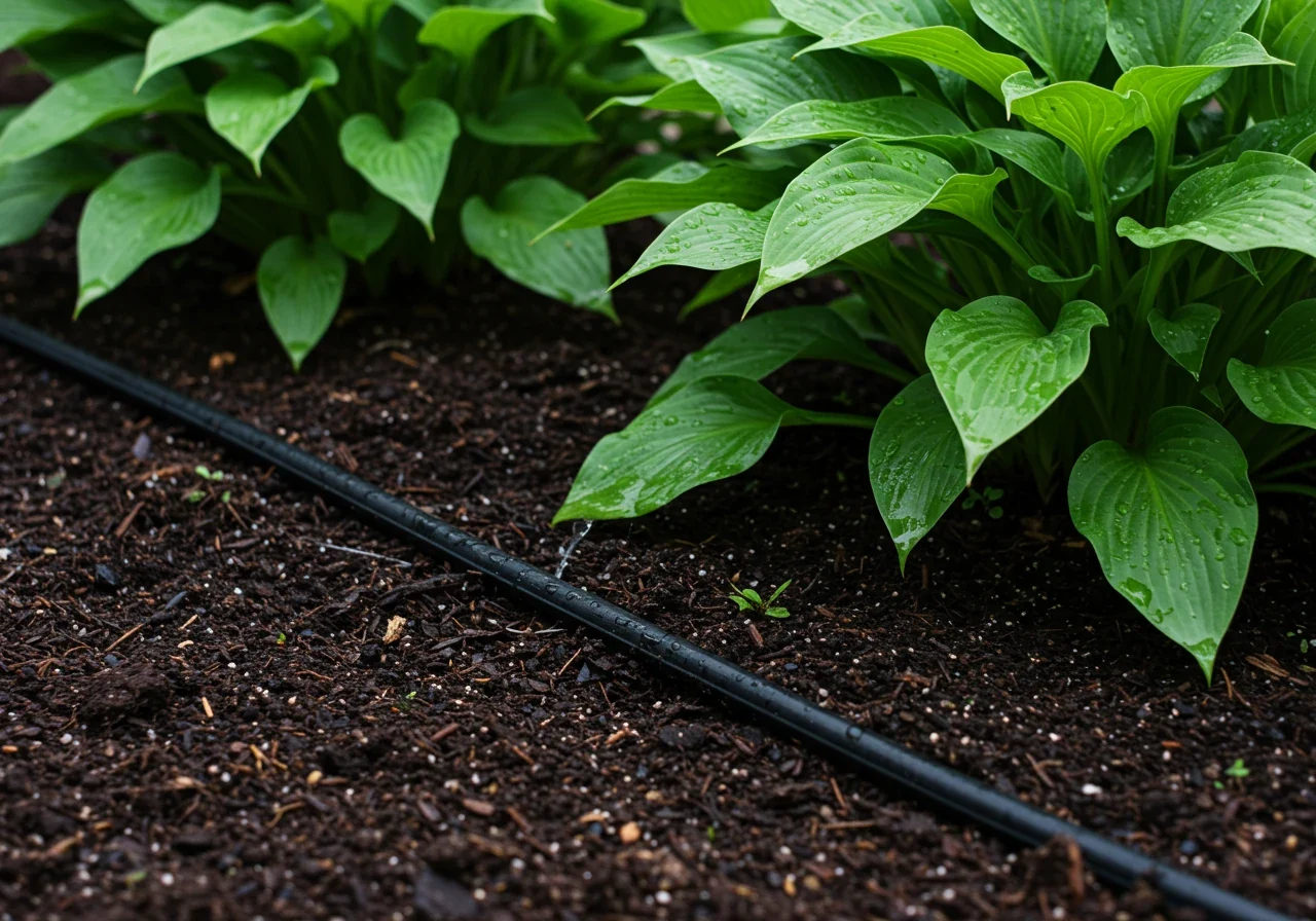 An image showing a black soaker hose laid neatly at the base of various healthy-looking garden plants (e.g., hostas, perennials) in a flower bed, with visible water droplets slowly seeping into the dark, moist soil around the hose, illustrating efficient root-zone watering.
