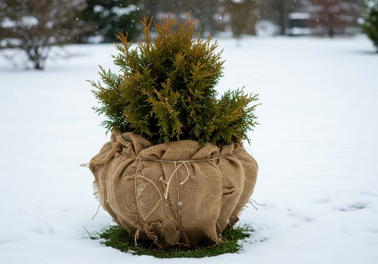 A practical, clear image demonstrating a key winter protection technique. Show a vulnerable evergreen shrub, such as an Emerald Cedar or a Boxwood hedge section, properly wrapped in natural-coloured burlap. The burlap should be secured neatly with twine. The surrounding ground is covered in snow, illustrating the context of winter protection against salt spray or windburn.