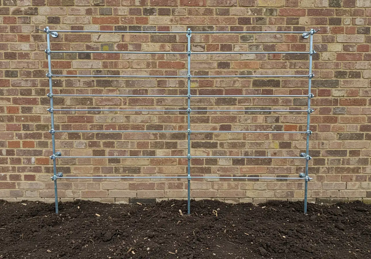 An image focusing solely on a newly installed espalier support system before planting. Shows taut galvanized wires stretched horizontally between sturdy vine eyes securely screwed into a masonry wall (brick or stone). The wires are evenly spaced for future branch tiers, and there's visible space between the wires and the wall for air circulation. The area below is prepared soil, ready for planting.