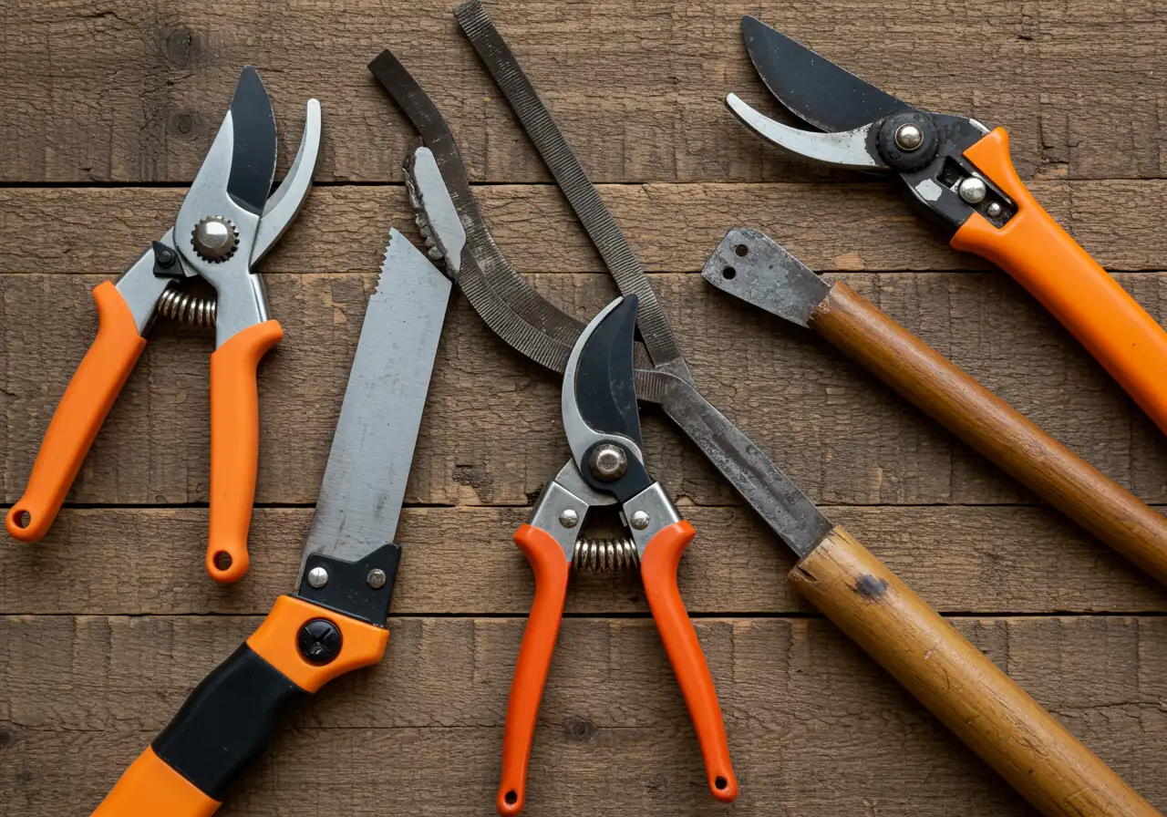 A clean, professional arrangement of essential, sharp pruning tools (bypass pruners, loppers, small curved pruning saw) laid out neatly on a clean, weathered wooden surface or piece of burlap. The image should emphasize the tools themselves, highlighting their sharpness and readiness for use.