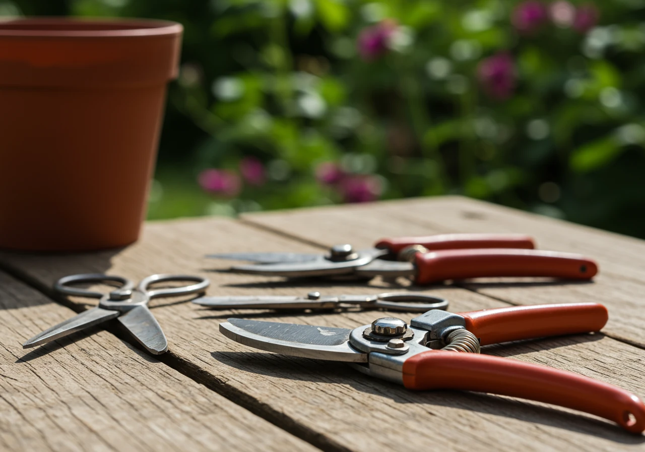 A clean, well-lit photograph showcasing essential deadheading tools laid neatly on a weathered wooden garden table or flagstone surface. Include a pair of sharp, clean bypass pruners and a smaller pair of garden snips or floral shears. Focus on the tools themselves, emphasizing their sharpness and cleanliness.