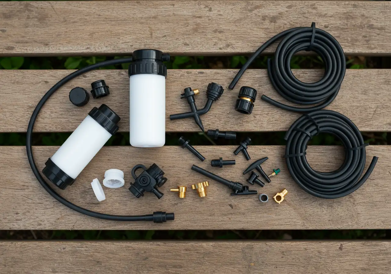 A clean, organized flat lay composition of essential drip irrigation components arranged neatly on a rustic wooden garden workbench or surface. Includes a clean filter cartridge, a small coil of black poly tubing, various emitters (drippers, micro-sprayers), barbed connectors, and an end cap, ready for spring inspection and setup.