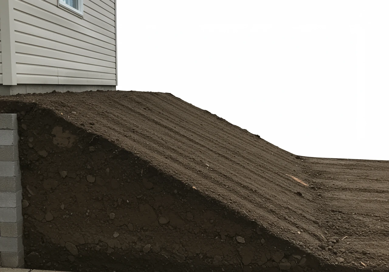 A clear, illustrative image showing the concept of correct landscape grading. It should depict a cross-section or angled view of soil layered against a foundation, demonstrating a distinct gentle slope leading *away* from the house structure. The soil should look well-prepared, perhaps dark topsoil or fill.