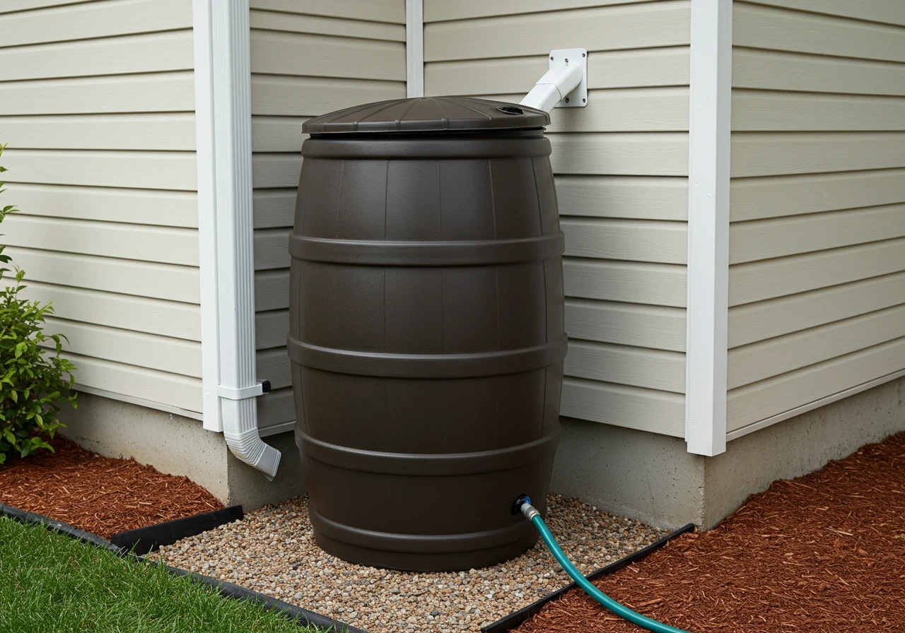 A practical yet aesthetically pleasing image showing a dark-colored rain barrel properly installed under a house's downspout. The barrel should look functional and integrated into the landscape, perhaps positioned near a mulched garden bed or on a gravel base. The focus is on showcasing a water-wise solution in a typical residential setting.