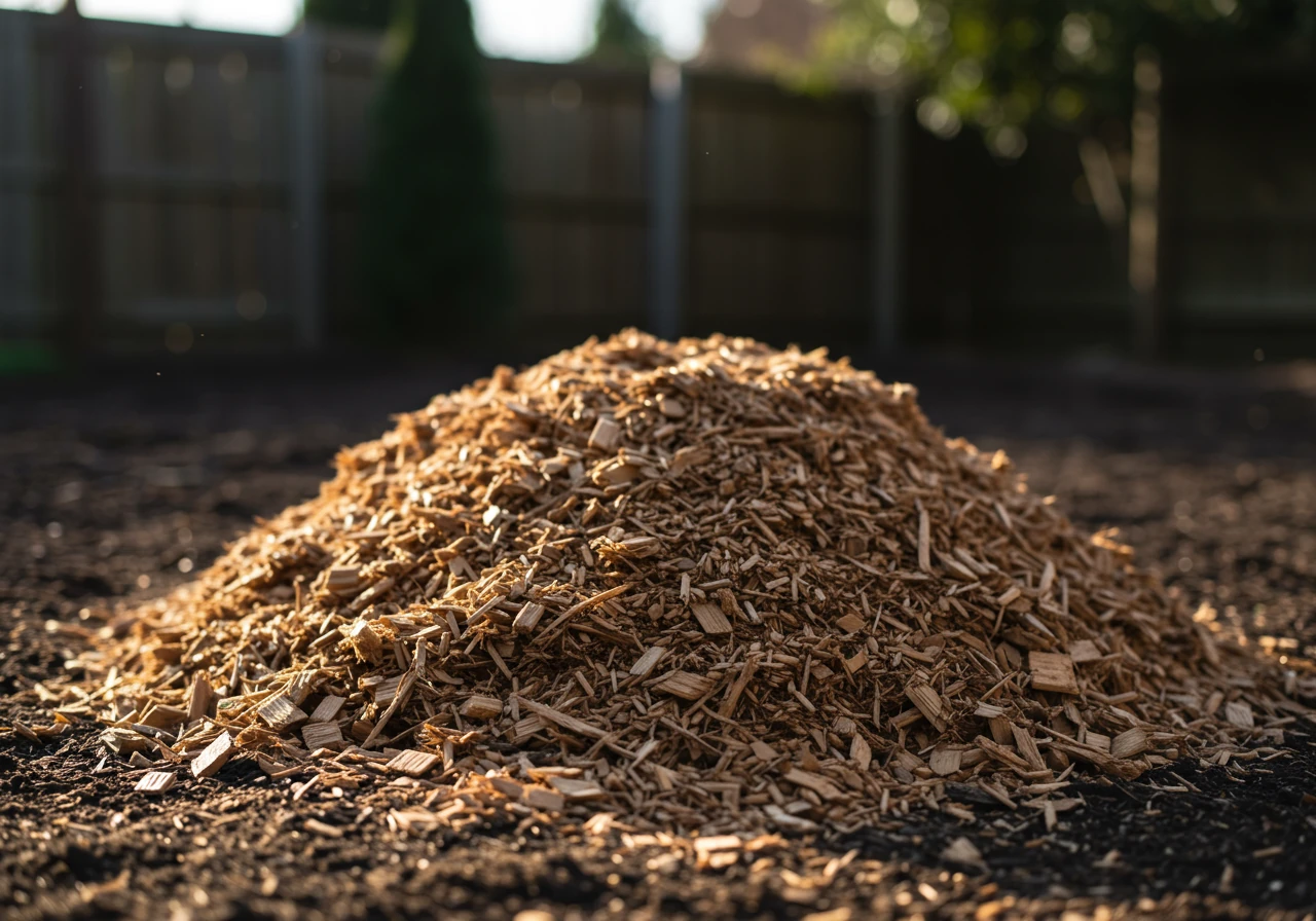 A visually appealing photograph of a neat pile of fresh wood chips or mulch resting on cleared ground near the edge of a wooded area or garden bed. This illustrates the concept of recycling green waste responsibly, as mentioned in the text regarding smart debris handling and chipping.