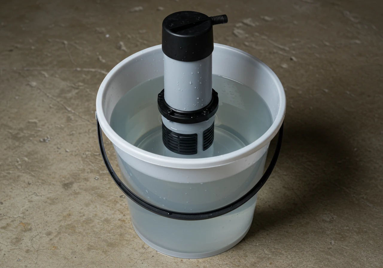 A clear visual showing the correct way to store a water feature pump over winter. The image should feature a clean submersible pump sitting fully submerged in a bucket of clear water, suggesting indoor storage.