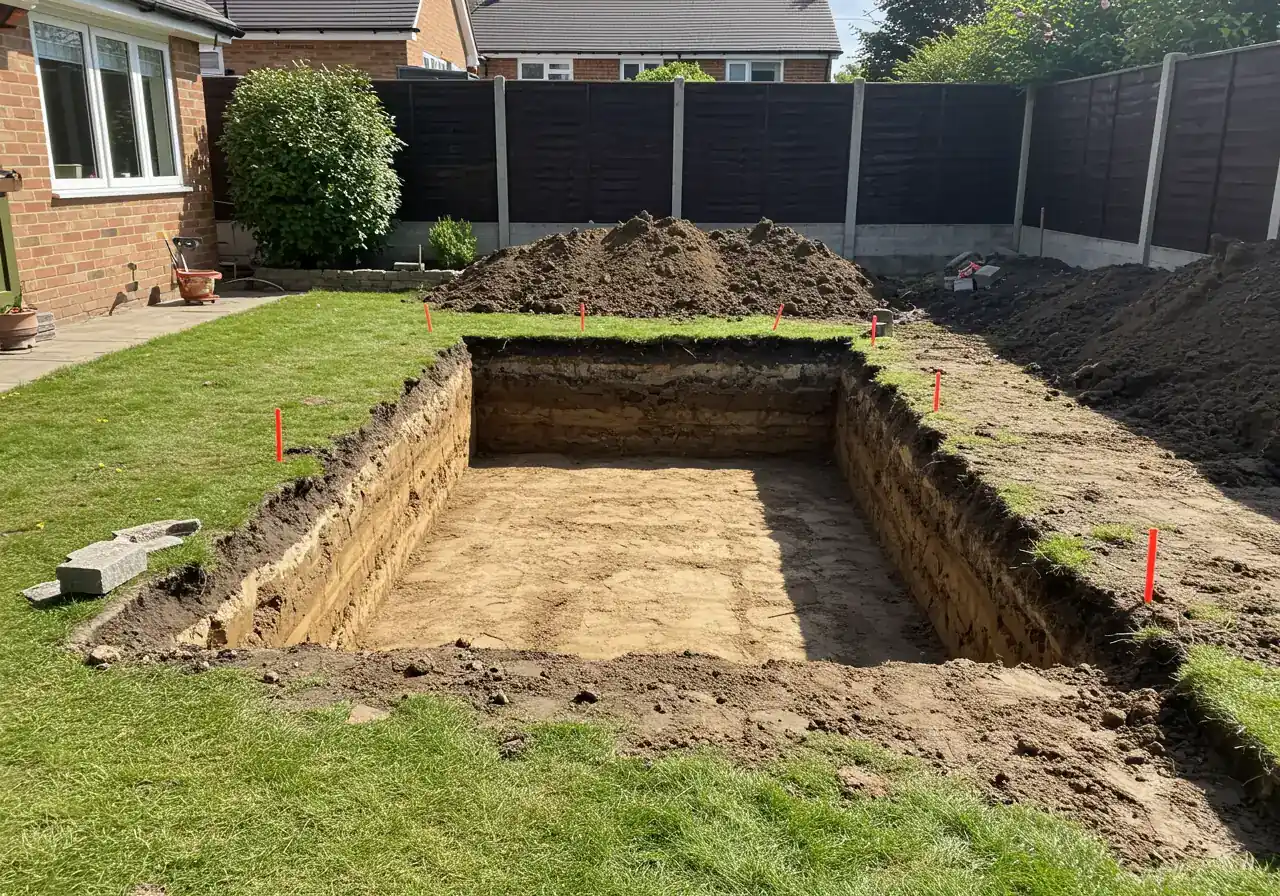 A photograph showing a cleanly excavated area ready for a patio base. The image should highlight the required depth and the neat removal of topsoil down to the subsoil layer, visually reinforcing the importance of proper excavation.