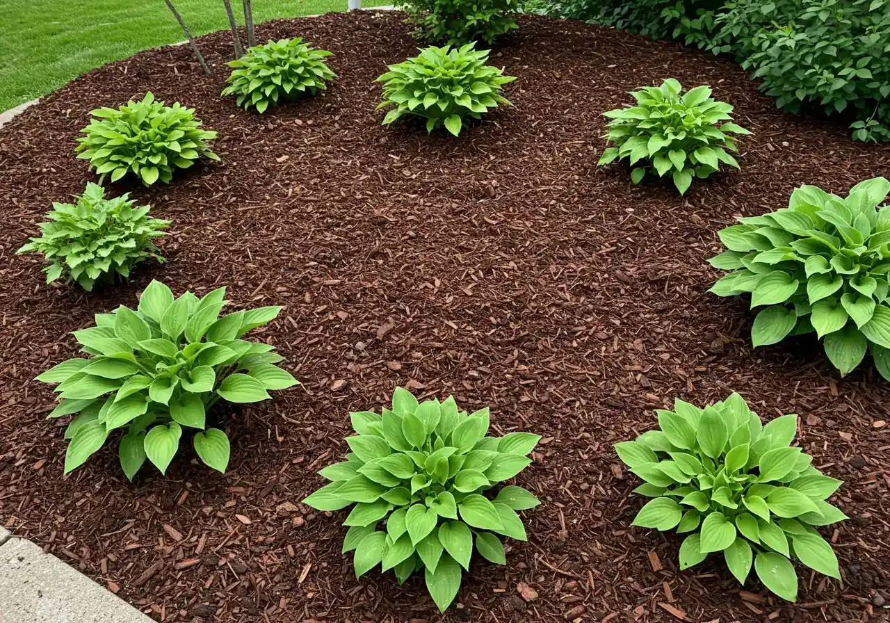 A visually appealing image of a freshly mulched garden bed creating a clean, finished look. Show a generous, even layer of dark brown shredded bark mulch around the base of established perennial plants (like hostas or daylilies) with vibrant green foliage. Ensure the mulch is pulled back slightly from the plant stems. The edge of the bed could be crisply defined against a lawn.