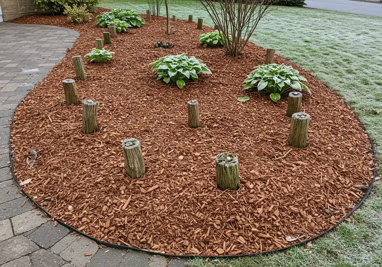 A clean garden bed shown after fall cleanup, featuring perennials cut back (e.g., hosta stubs) and a freshly applied, thick layer (3-4 inches) of shredded wood chip mulch covering the soil surface around the plant bases. The mulch looks neat and protective. Late autumn setting, perhaps with some frost visible on the mulch or remaining plant stems.