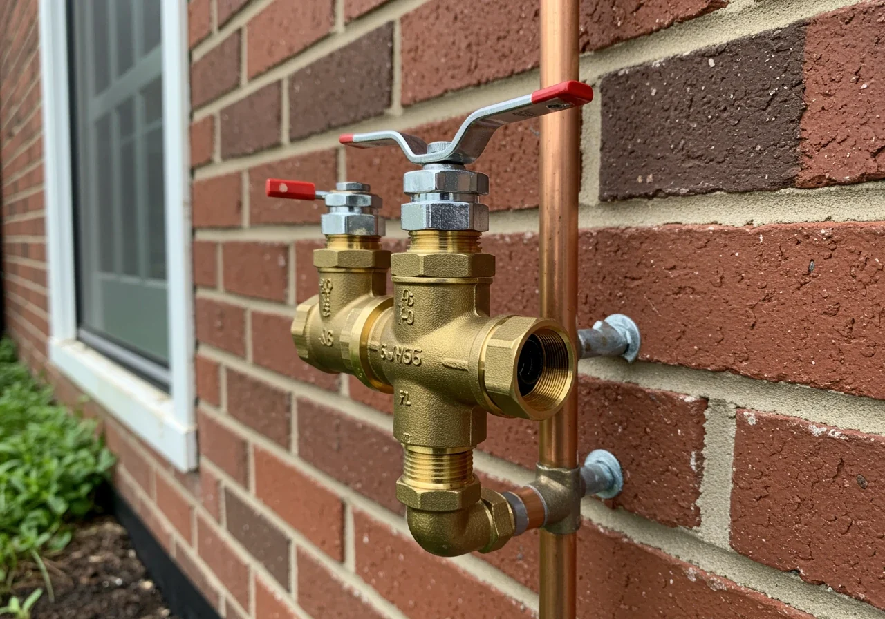 A clear, well-lit photograph identifying a key component vulnerable to freezing: the backflow preventer. The image shows a standard residential brass backflow preventer valve assembly, complete with shut-off handles and test cocks, mounted vertically on copper pipes against the exterior foundation (brick or siding) of a house. The focus is sharp on the device for easy identification.