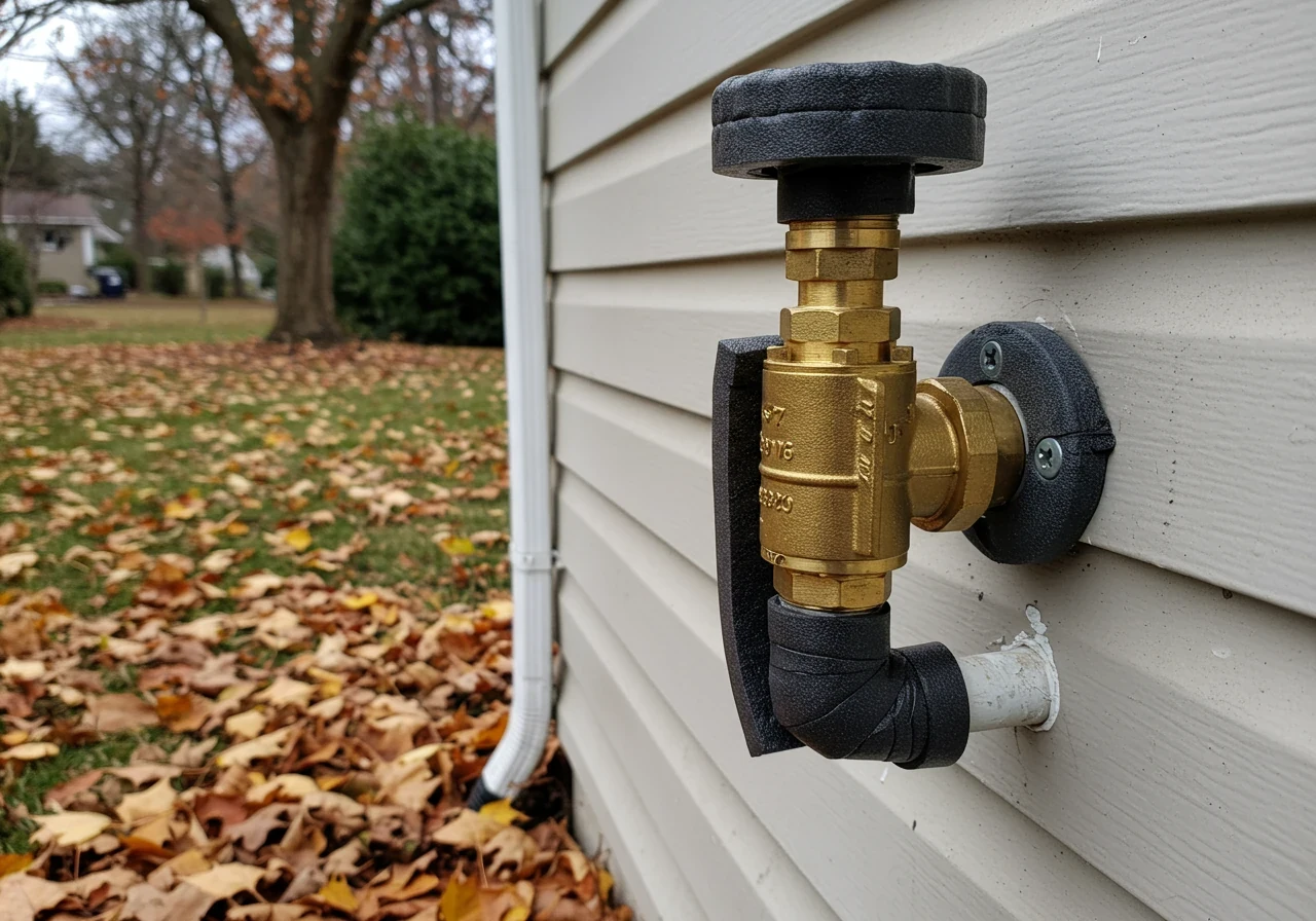 A clear, well-lit photograph showing an outdoor backflow preventer valve assembly (typically brass pipes and valves) mounted against a house's foundation (brick or siding). The assembly is neatly and securely wrapped with dark grey or black foam pipe insulation tape, protecting it for winter. A few dry, brown fallen autumn leaves might be scattered on the ground nearby, indicating the season. The focus is on the practical application of insulation.