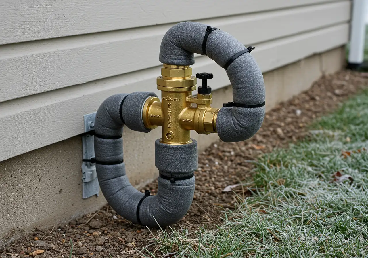 A photograph demonstrating an additional protective measure. It shows a residential backflow preventer assembly (similar to the one identified earlier) neatly and securely wrapped in dark grey or black foam pipe insulation. The insulation is secured with tape or zip ties, clearly showing protection against cold temperatures. A hint of frost on the ground nearby enhances the winter context.