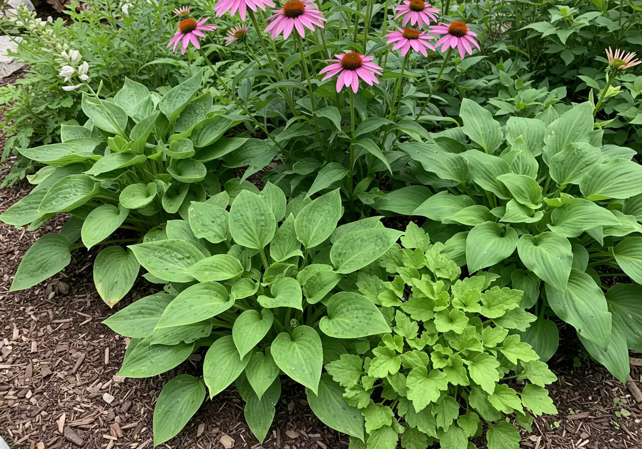 A close-up photograph focusing on a thriving garden bed specifically suited for the Ottawa climate (Zone 5). It showcases healthy, mature examples of hardy perennials known to perform well in the region, such as hostas, echinacea (coneflowers), or ornamental grasses, growing vigorously in amended, mulched soil. This illustrates the concept of choosing climate-appropriate plants.