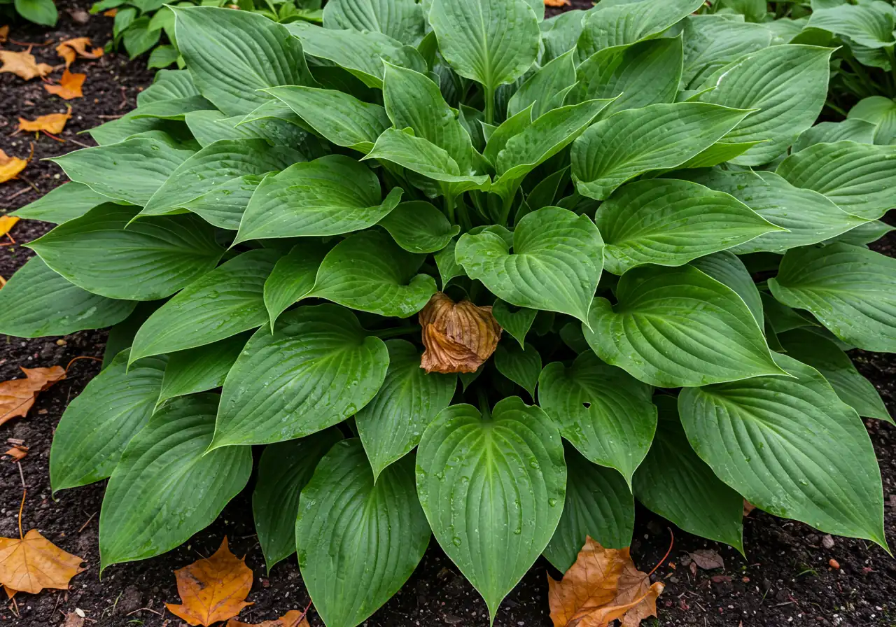 A clear example of the 'doughnut effect' in an overcrowded Hosta, showing the dying center and ring of outer growth, indicating the need for division.