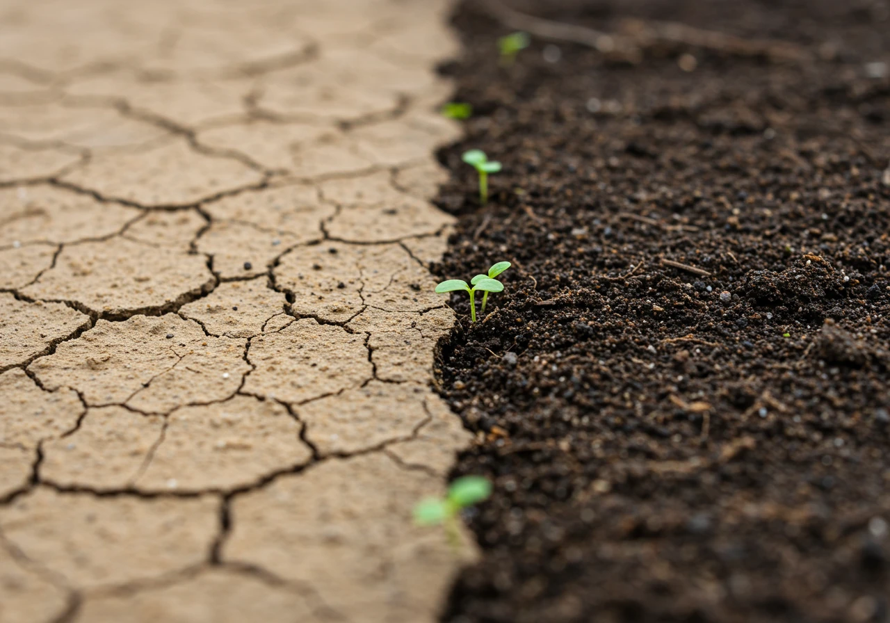 A close-up, ground-level view illustrating soil differences. On one side, dry, cracked, pale clay soil typical of some Ottawa areas. On the other side, dark, rich, loamy soil amended with compost, suggesting soil improvement efforts discussed in the text. Natural lighting highlights the texture contrast.