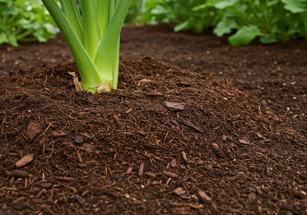 A photograph illustrating proper mulching technique, showing a close-up, ground-level view of a 2-3 inch layer of organic mulch (like wood chips or shredded bark) spread evenly around the base of a plant stem, ensuring the mulch is pulled back slightly from the stem itself.