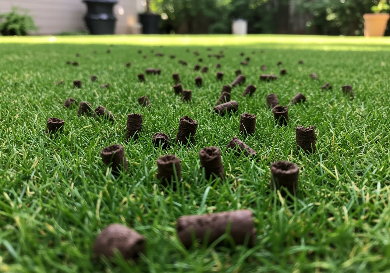 An image depicting a lawn having recently undergone core aeration in the fall. The picture should show the small soil plugs sitting on top of the neatly mown grass, indicating the aeration process without showing machinery or people.
