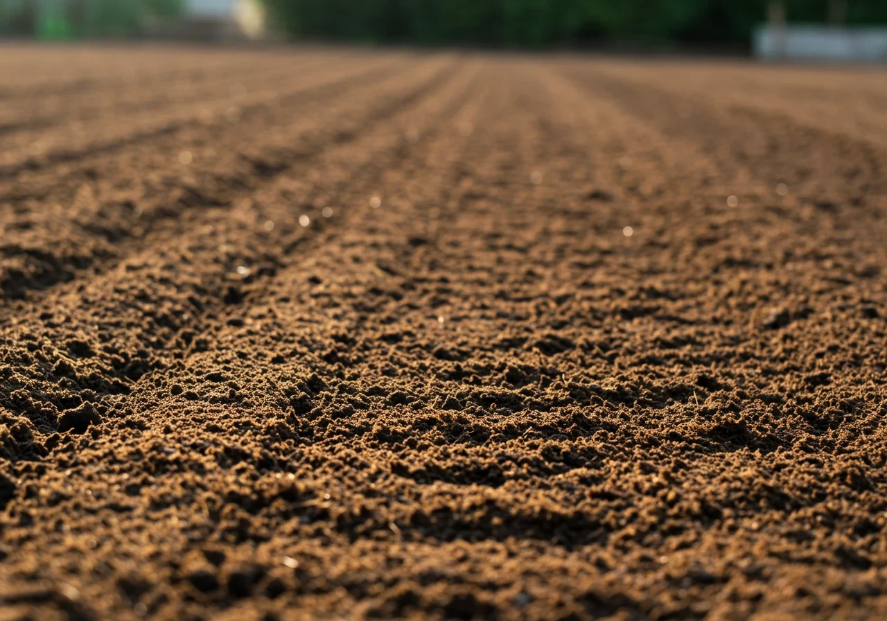 A close-up, ground-level perspective of meticulously prepared soil optimized for Ottawa conditions, ready for planting. The soil should appear rich, dark brown, loose, and loamy, potentially showing flecks of integrated compost. It's raked smooth, displaying a fine texture ideal for root establishment. Soft morning sunlight should angle across the surface, highlighting the soil structure and readiness.