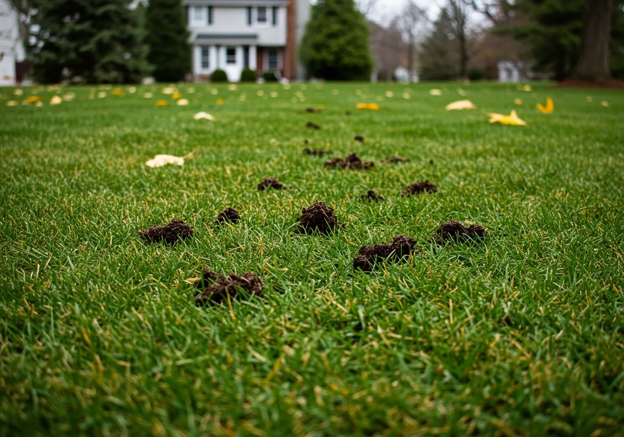 A ground-level close-up view of a lawn immediately after core aeration in the fall. The image should clearly show the pattern of aeration holes in the turf and the small soil plugs scattered across the grass surface. The grass should appear healthy but dormant, possibly with some fallen autumn leaves visible nearby but not thickly covering the aerated area.