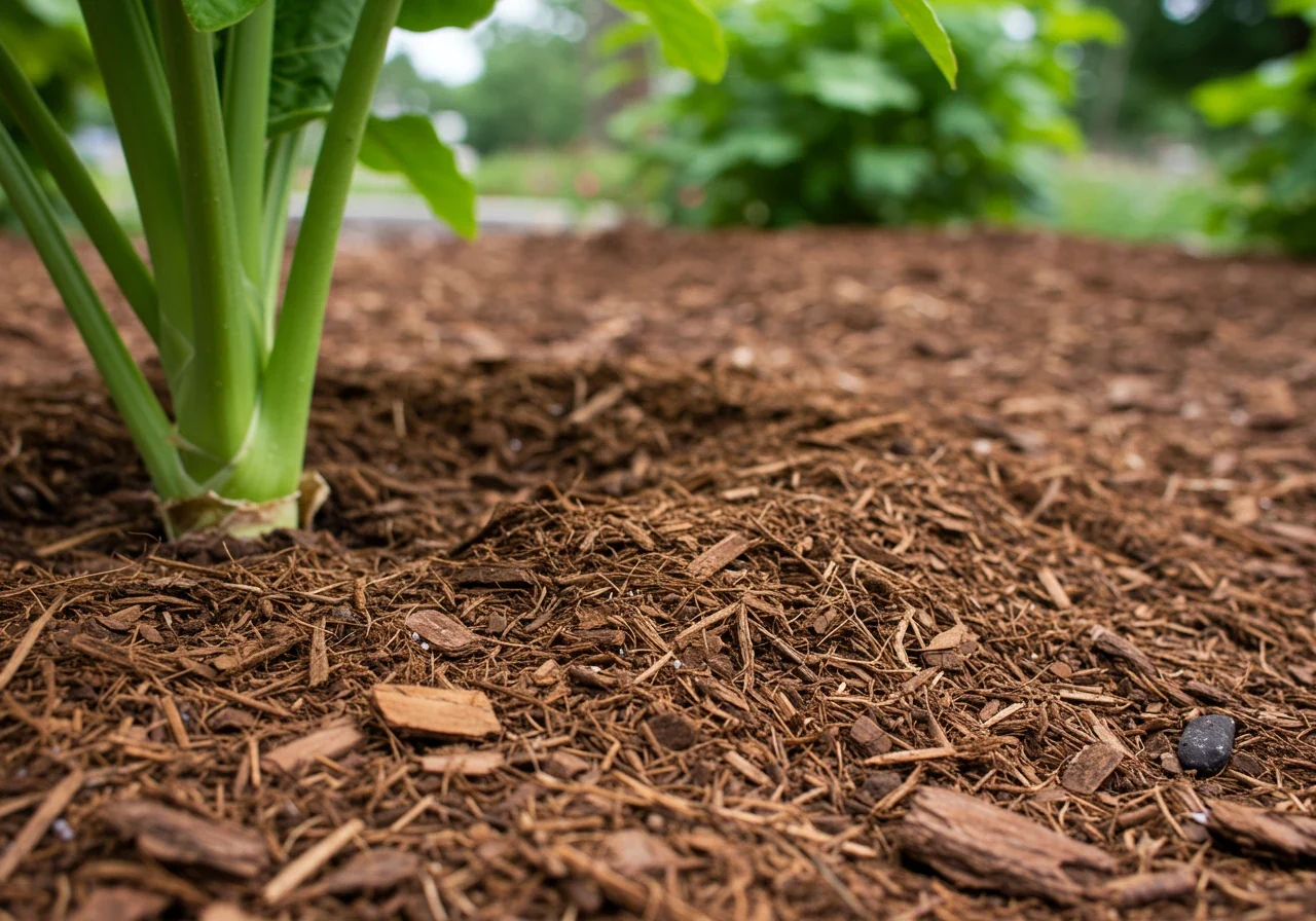 A thick, even layer (approx. 3 inches deep) of natural brown shredded bark mulch covering the soil surface around the base of a healthy green perennial plant. The mulch texture should be clear, and the soil underneath should not be visible. Focus on the mulch layer itself.