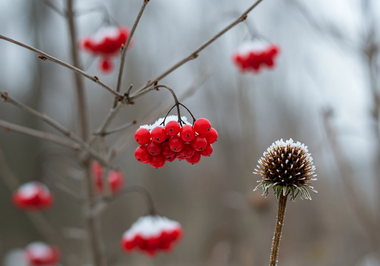 A close-up, visually appealing shot highlighting elements that provide winter interest beyond evergreens. Focus on the brilliant red berries of a Winterberry (Ilex verticillata) branch heavily laden with fruit, contrasted against a snowy background. Optionally, include the dried, textural seed head of a Coneflower (Echinacea) nearby, showcasing how leaving perennials standing adds interest.