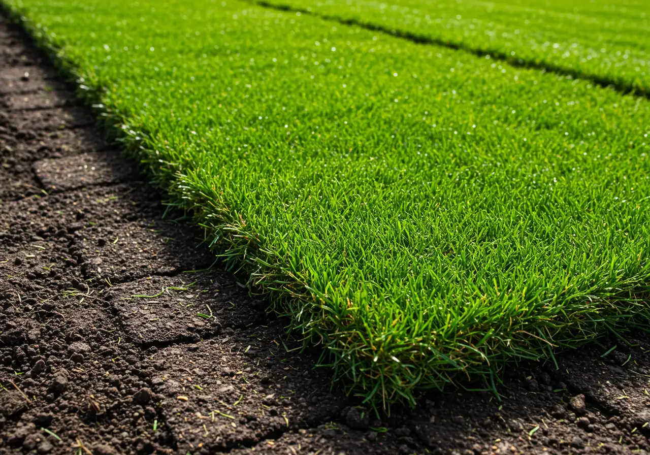 A close-up, slightly elevated perspective of newly laid, vibrant green sod rolls on prepared dark soil. The image clearly focuses on the seams, demonstrating the correct 'brickwork' pattern with staggered joints, and showing the sod edges butted tightly together.