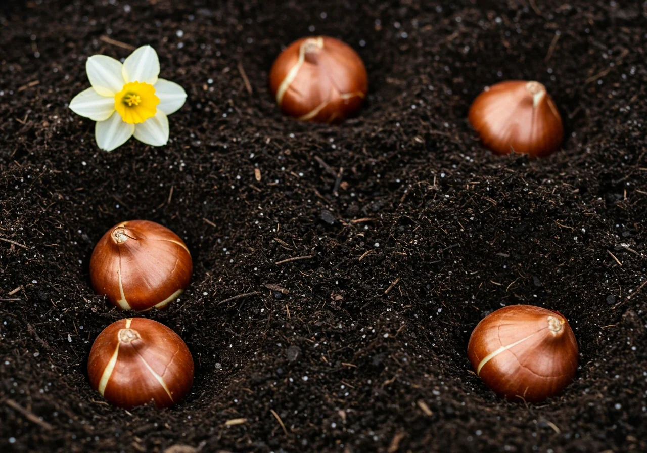 A low-angle, close-up shot of several spring-flowering bulbs (tulips and daffodils recognizable) sitting on top of dark, rich garden soil next to freshly dug planting holes. A clean metal hand trowel lies nearby on the soil. The focus is sharp on the bulbs and soil texture.