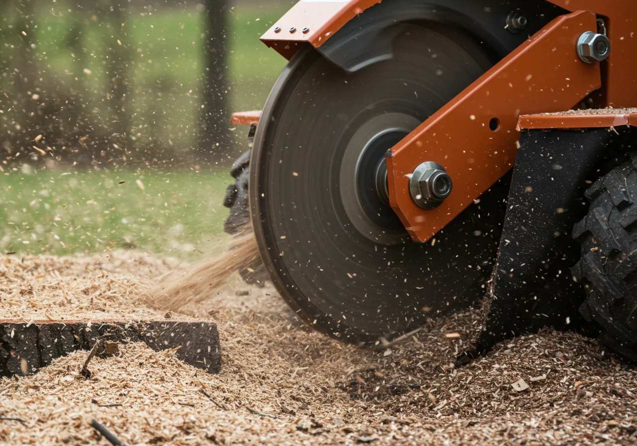 A dynamic close-up action shot focusing solely on the rotating cutting wheel of a stump grinder machine as it actively tears into a tree stump. Wood chips should be visibly flying from the point of contact. The focus is on the powerful machinery at work, viewed from a slightly low angle, with no operator visible.