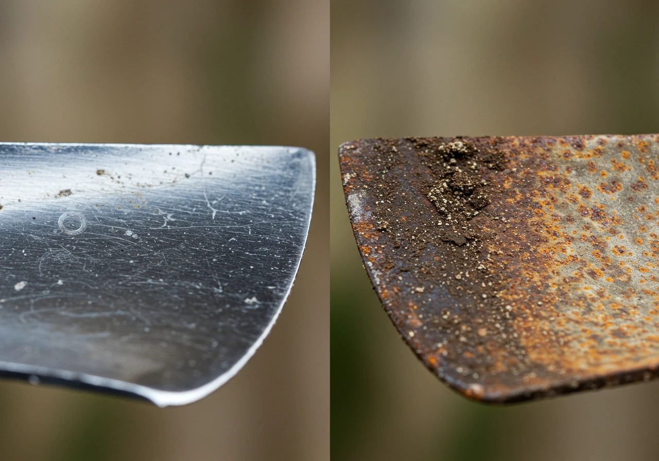 A close-up shot contrasting a well-maintained, sharp tool blade with a dull, neglected one, illustrating the 'Maintenance Matters' point within the eco-friendly section. This emphasizes the importance of tool care for both efficiency and longevity.