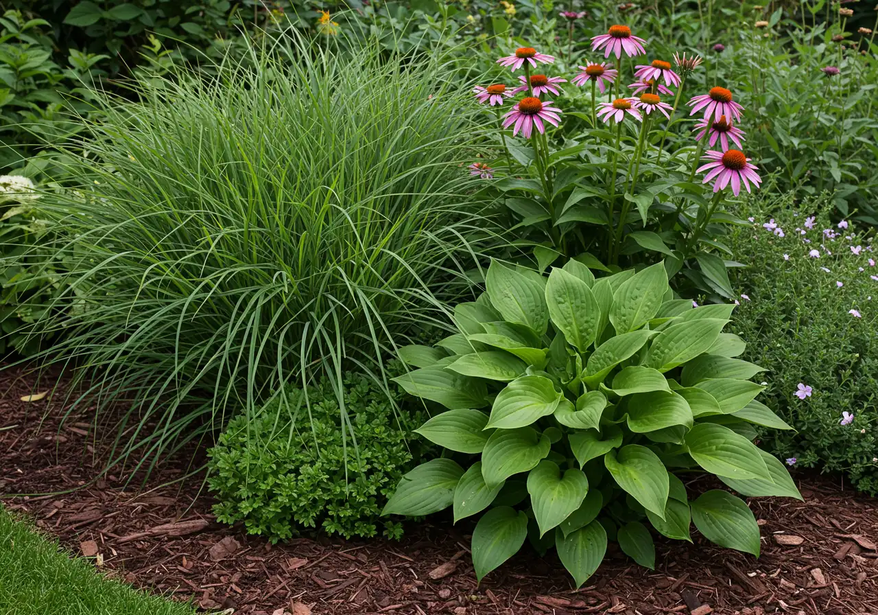 Close-up view of a modern garden bed design showcasing the layered planting trend. Features a mix of textures and heights, including tall ornamental grasses (like Feather Reed Grass), broad-leafed hostas, and colourful blooming perennials (like Coneflowers). Mulch is visible on the ground.