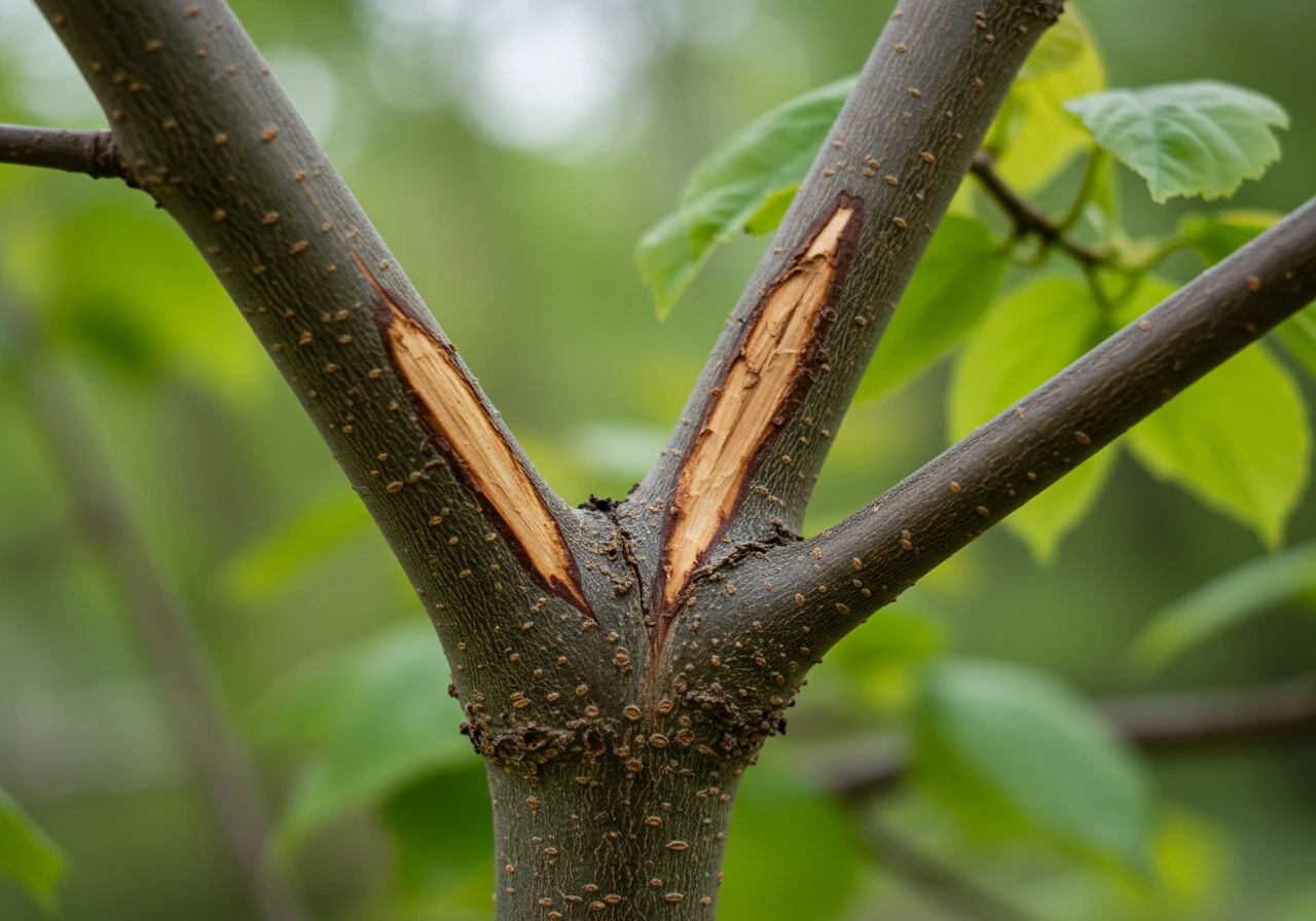 A close-up image focusing on a common structural problem in a young tree, such as two co-dominant stems forming a tight 'V' shape or branches that are clearly crossing and rubbing against each other, causing bark damage. This visually illustrates the 'why' behind structural pruning.