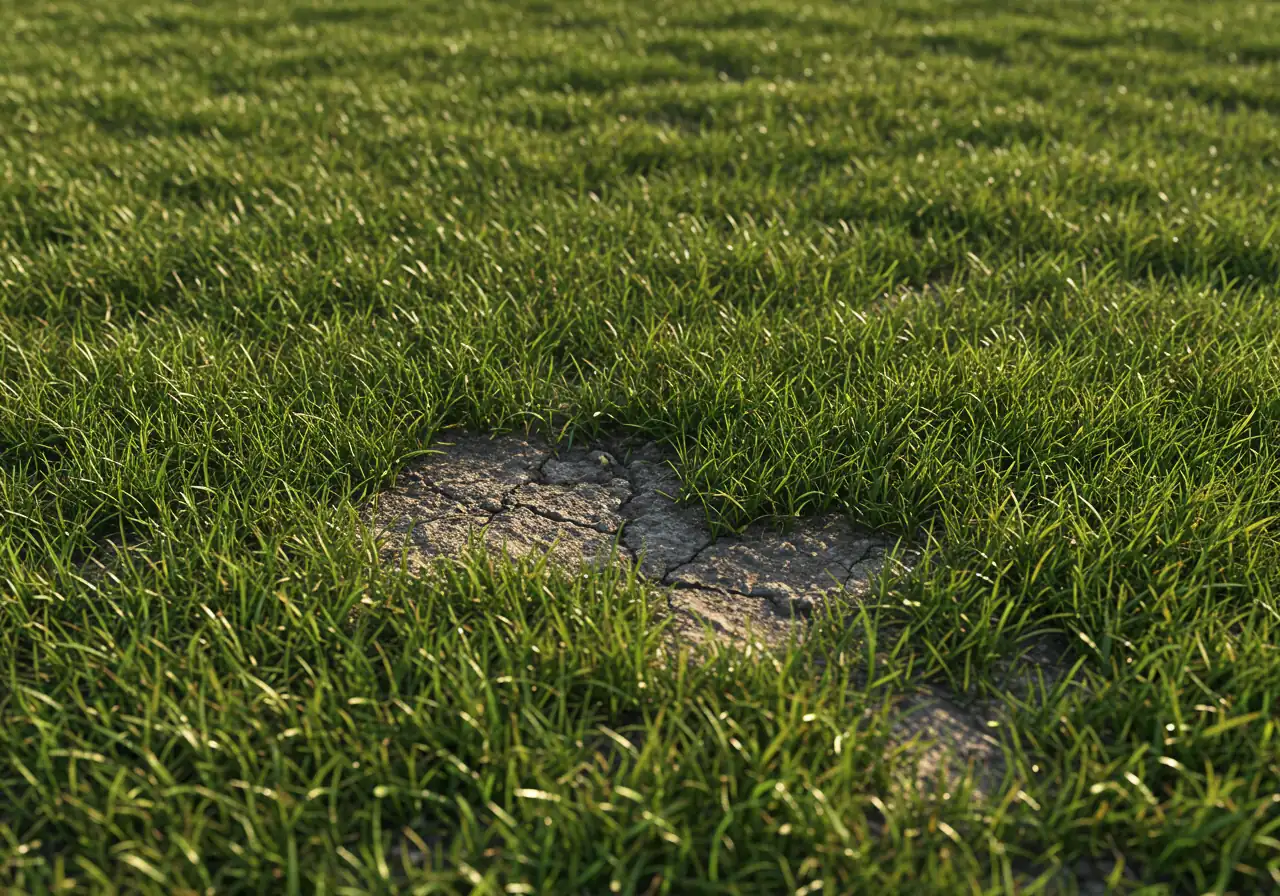 A detailed close-up photograph illustrating soil compaction in a lawn setting. The image should show a patch of lawn with sparse, struggling grass and visible hard-packed, slightly cracked soil. Small puddles of water might be present on the surface, indicating poor drainage, even though it hasn't just rained heavily. The focus is on the unhealthy soil texture.
