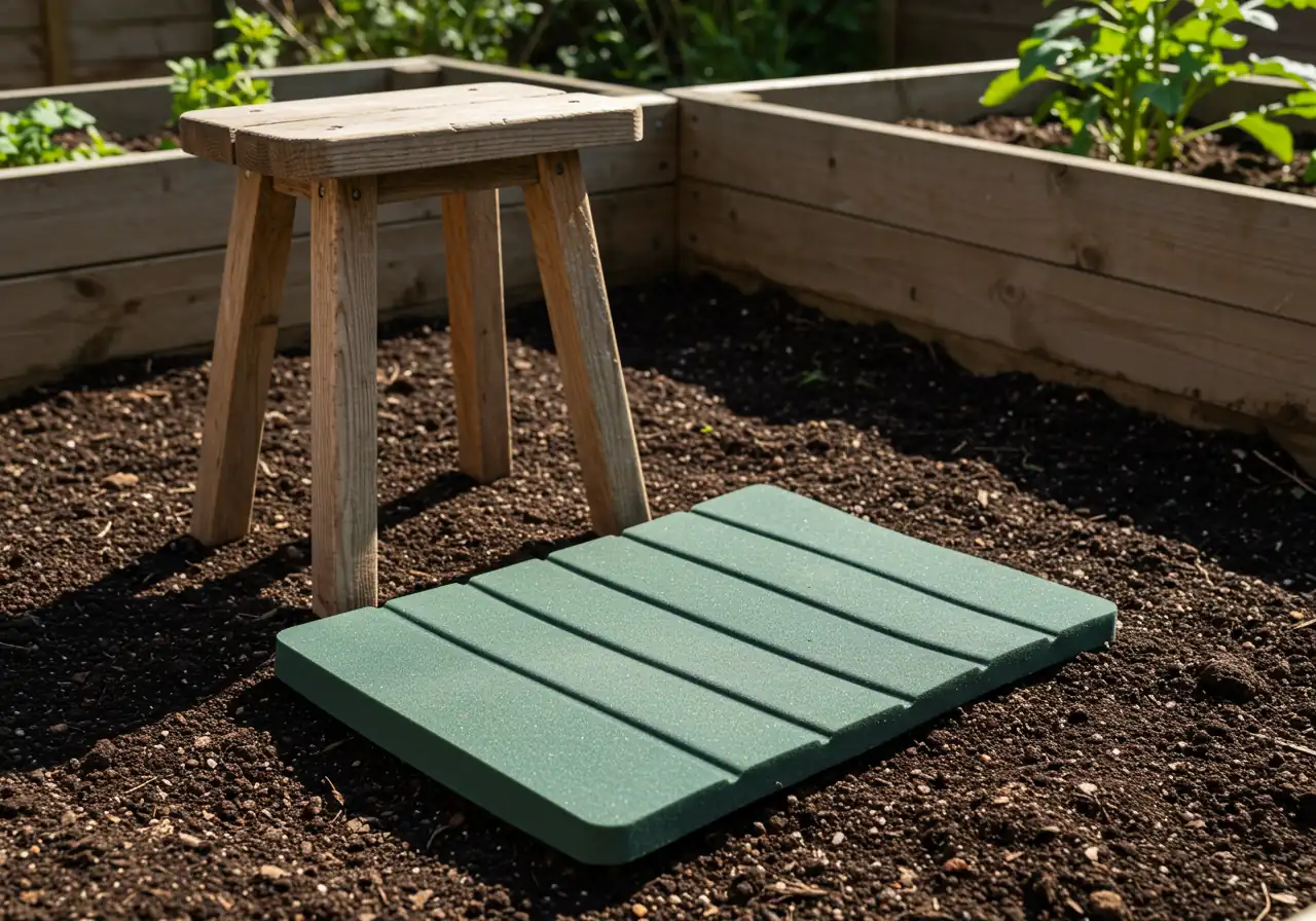 A close-up view focusing on tools that aid comfortable low-to-the-ground gardening. Showcases a thick foam kneeling pad placed on dark soil next to a low, sturdy wooden garden stool. Part of a rustic wooden raised garden bed filled with healthy soil is visible nearby, suggesting alternatives to bending. The scene is bathed in soft, dappled sunlight filtering through unseen leaves, emphasizing comfort and ease.
