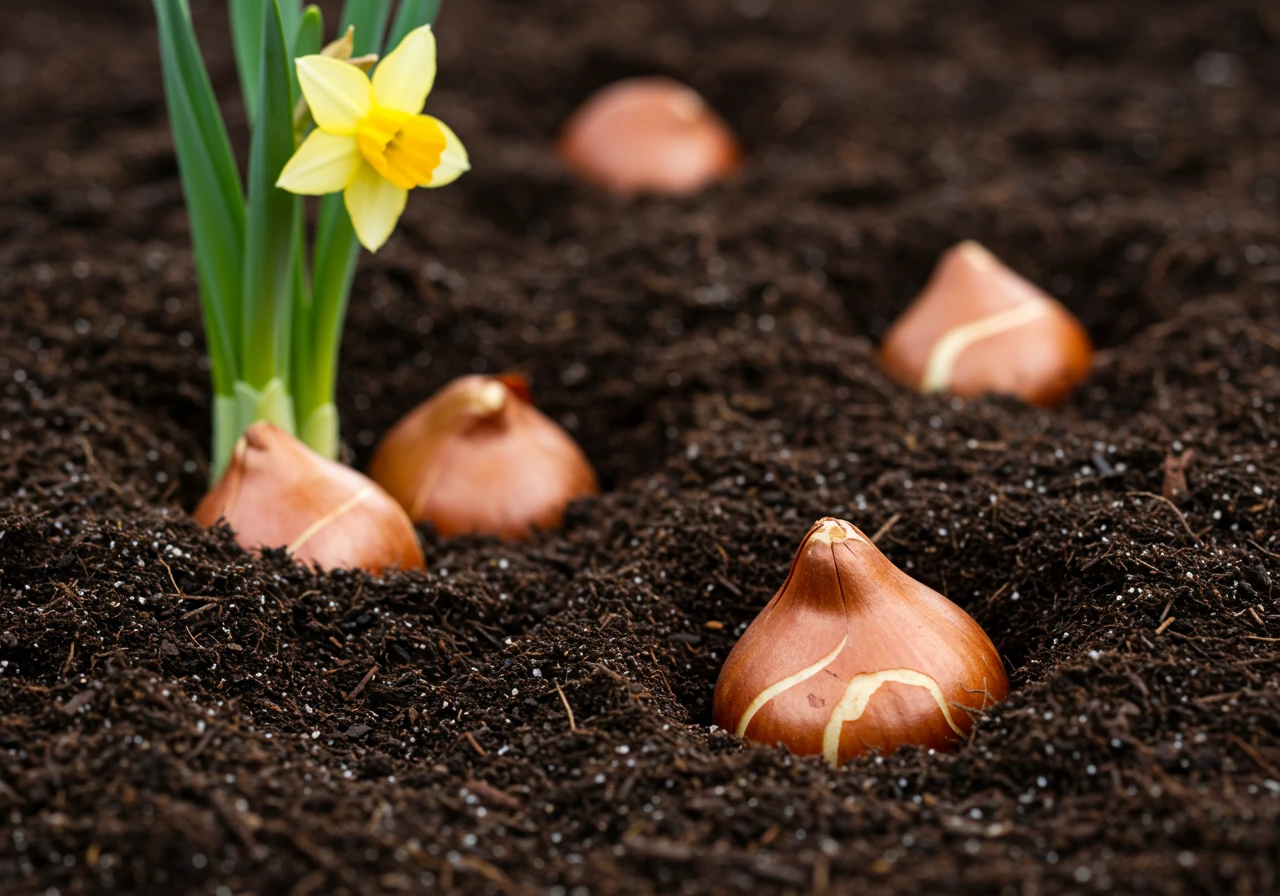 Illustrates fall planting. A close-up shot focusing on several spring-flowering bulbs (like tulips or daffodils) nestled into prepared holes in dark, healthy garden soil, ready to be covered. Represents the action of planting for next season's bloom.