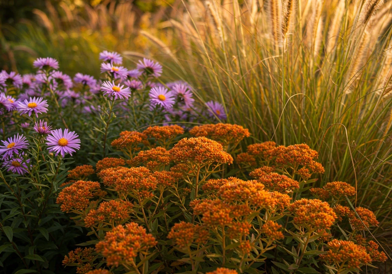 A close-up photograph showcasing a mix of vibrant fall-blooming plants in a garden bed. Feature the textures and colors of plants mentioned, such as the sturdy flower heads of Sedum 'Autumn Joy' (turning deep pink/russet), spikes of purple Asters, and the graceful plumes of an ornamental grass (like Feather Reed Grass) catching the late afternoon sunlight. The image should highlight the beauty and hardiness of plants suitable for an Ottawa fall garden. Softly blurred green foliage in the background.